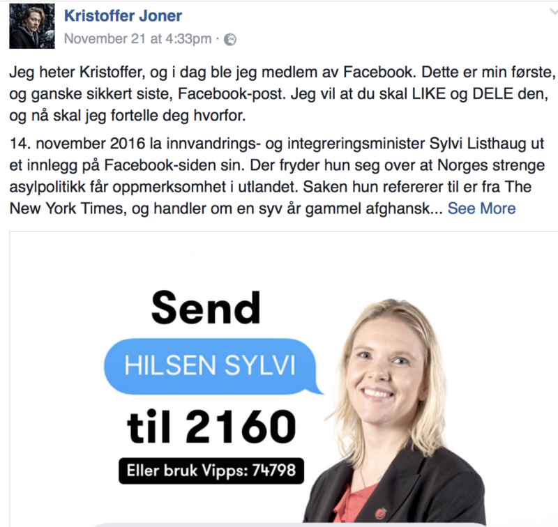 Sosiale medier Kristoffer Joner på Facebook